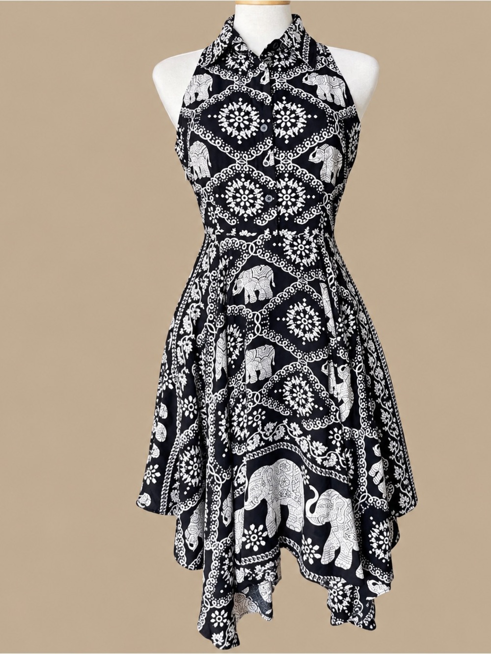 GLAM Black White Gold Abstract Halter Dress Handkerchief Hem NWT Size 10